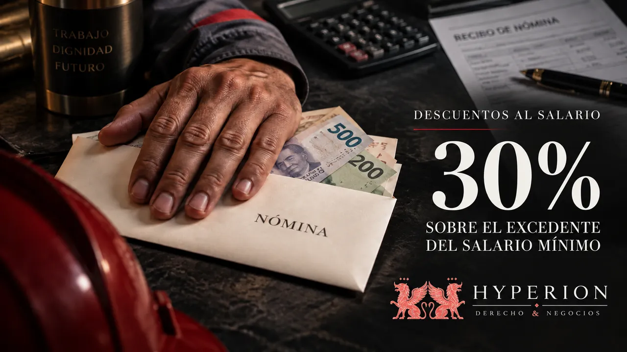 Descuentos al salario: 30% sobre el excedente del salario mínimo. Imagen de una nómina con el logo de Hyperion Derecho y Negocios.